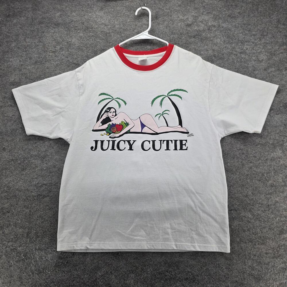 Juicy Cutie Shirt Mens Large White Red Ringer Fruit of the Loom Midori Komatsu